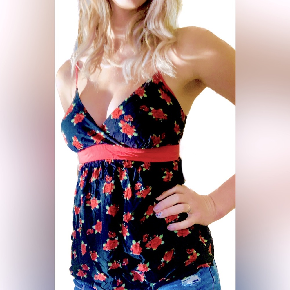 Black and Red Floral Guess Baby Doll Top